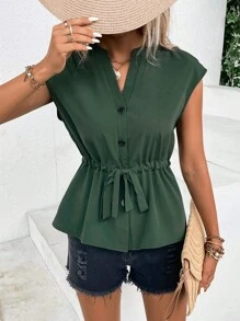 Drawstring Waist Batwing Sleeve Blouse - Green - View 3