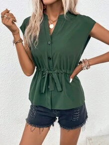 Drawstring Waist Batwing Sleeve Blouse - Green - View 4