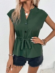 Drawstring Waist Batwing Sleeve Blouse - Green - View 5
