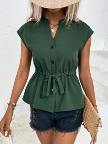 Drawstring Waist Batwing Sleeve Blouse - Green - View 6
