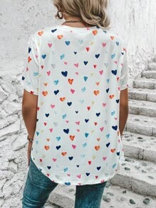 SHEIN CURVE+ 大尺碼心形印花V領T卹，適用於夏季 - 白色 - 查看 2