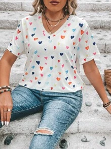 SHEIN CURVE+ 大尺碼心形印花V領T卹，適用於夏季 - 白色 - 查看 3
