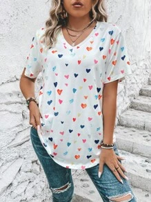 SHEIN CURVE+ 大尺碼心形印花V領T卹，適用於夏季 - 白色 - 查看 4