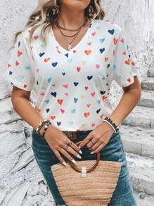 SHEIN CURVE+ 大尺碼心形印花V領T卹，適用於夏季 - 白色 - 查看 5