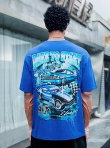 Manfinity RebelGame 宽松男式汽车与字母图案圆领 T 恤 - 藍色 - 查看 5