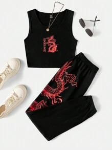 Muchica Summer Dragon & Letter Graphic Tank Top & Sweatpants Two Piece Set - Black - View 1