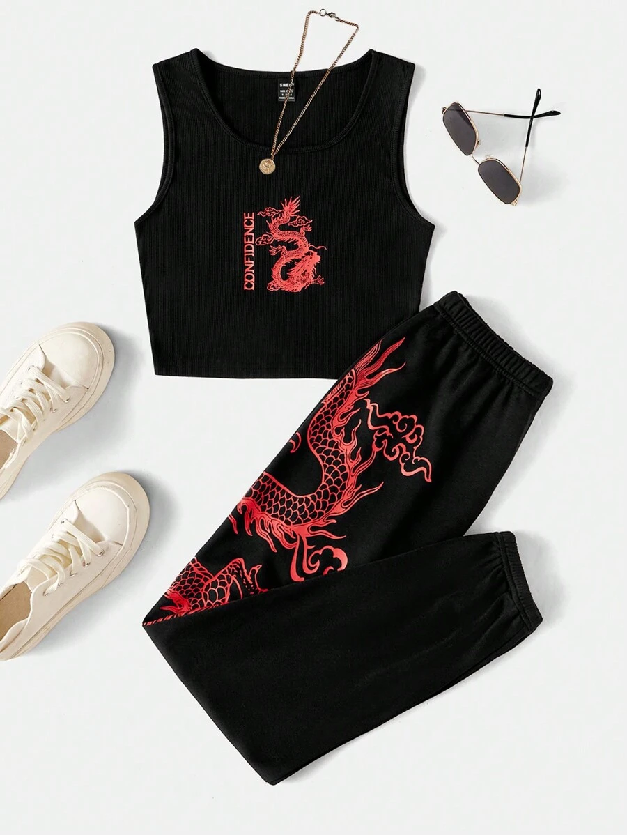 Muchica Summer Dragon & Letter Graphic Tank Top & Sweatpants Two Piece Set - Black - View 1