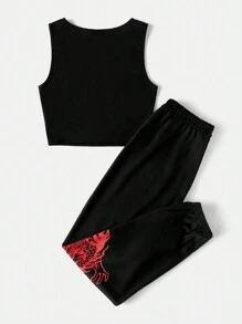 Muchica Summer Dragon & Letter Graphic Tank Top & Sweatpants Two Piece Set - Black - View 2