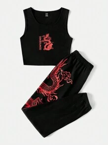 Muchica Summer Dragon & Letter Graphic Tank Top & Sweatpants Two Piece Set - Black - View 3