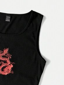 Muchica Summer Dragon & Letter Graphic Tank Top & Sweatpants Two Piece Set - Black - View 4