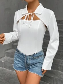 SHEIN Essnce 素色前繫帶超短版襯衫和吊帶上衣 - 白色 - 查看 3