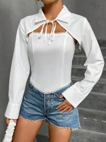 SHEIN Essnce 素色前繫帶超短版襯衫和吊帶上衣 - 白色 - 查看 4