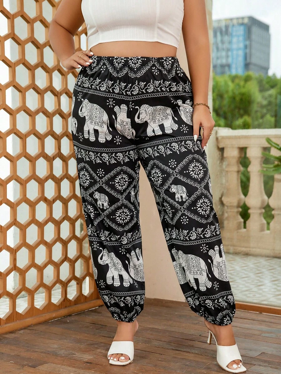 SHEIN VCAY 大碼大象和幾何印花蘿蔔褲 - 黑色 - 查看 1