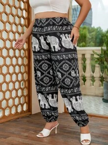 SHEIN VCAY 大碼大象和幾何印花蘿蔔褲 - 黑色 - 查看 3