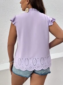 SHEIN LUNE 大碼鏤空繫帶領蝴蝶袖貝殼邊襯衫 - 淡紫色 - 查看 2