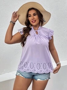 SHEIN LUNE 大碼鏤空繫帶領蝴蝶袖貝殼邊襯衫 - 淡紫色 - 查看 3