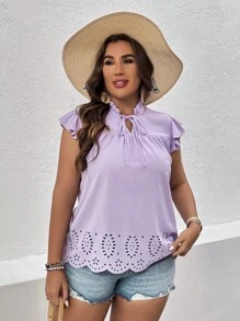 SHEIN LUNE 大碼鏤空繫帶領蝴蝶袖貝殼邊襯衫 - 淡紫色 - 查看 5