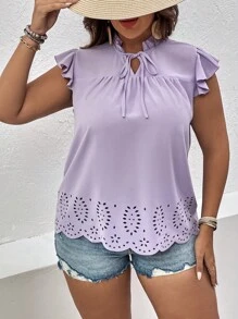SHEIN LUNE 大碼鏤空繫帶領蝴蝶袖貝殼邊襯衫 - 淡紫色 - 查看 6