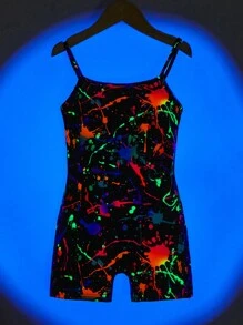 SHEIN Leap Crew Tween Girl Splash Ink Print Cami Romper Without Belt Bag