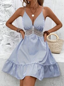 SHEIN VCAY Striped Print Guipure Lace Insert Ruffle Hem Cami Dress - Blue - View 1