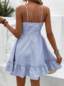 SHEIN VCAY Striped Print Guipure Lace Insert Ruffle Hem Cami Dress - Blue - View 2
