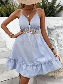 SHEIN VCAY Striped Print Guipure Lace Insert Ruffle Hem Cami Dress - Blue - View 3
