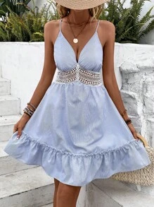 SHEIN VCAY Striped Print Guipure Lace Insert Ruffle Hem Cami Dress - Blue - View 4