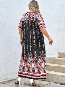 Plus Floral Print Tie Neck Tunic Dress - Multicolor - View 2