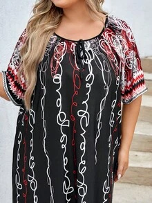 Plus Floral Print Tie Neck Tunic Dress - Multicolor - View 3