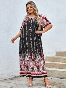 Plus Floral Print Tie Neck Tunic Dress - Multicolor - View 4