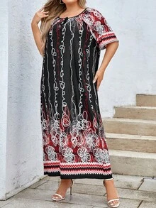 Plus Floral Print Tie Neck Tunic Dress - Multicolor - View 5