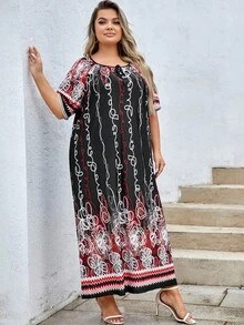 Plus Floral Print Tie Neck Tunic Dress - Multicolor - View 6