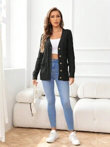 DEARCASE Cable Knit Button Front Cardigan - Black - View 3