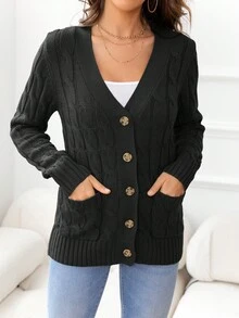DEARCASE Cable Knit Button Front Cardigan - Black - View 5