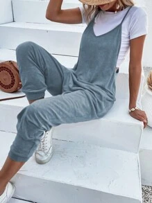 SHEIN LUNE Dual Pocket Keyhole Back Cami Jumpsuit Without Tee - Dusty Blue - View 3