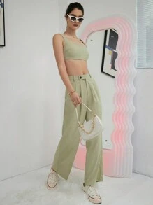 SHEIN Unity Bộ đồ hai mảnh nữ Nút Túi Dây kéo màu trơn Giải trí - Màu xanh Bạc hà - Xem 3