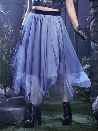 Goth تنورة حافة غير متماثل شبكة مقاس كبير