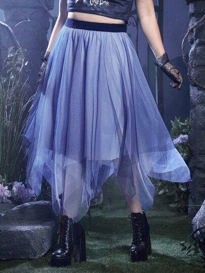 Goth Plus Asymmetrical Hem Mesh Skirt