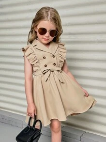 SHEIN 小女童荷葉邊雙排釦繫腰帶洋裝 - 卡其色 - 查看 1