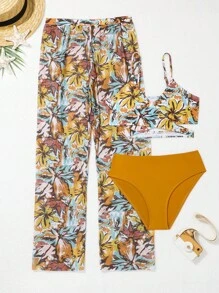 SHEIN Tween Girl Tropical Print Wrap Bikini Swimsuit With Cover Up Trousers - Yellow - View 1