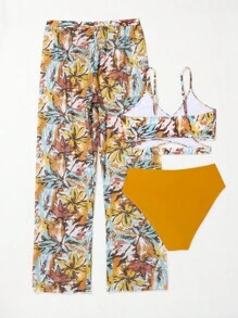SHEIN Tween Girl Tropical Print Wrap Bikini Swimsuit With Cover Up Trousers - Yellow - View 2