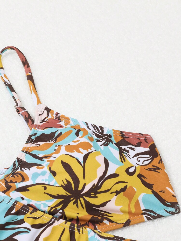 SHEIN Teen Girl Tropical Print Wrap Bikini Set With Cover Up Pants Summer Beach - Yellow - View 3