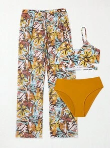 SHEIN Tween Girl Tropical Print Wrap Bikini Swimsuit With Cover Up Trousers - Yellow - View 5