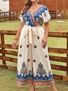 EMERY ROSE Plus Geo Print Belted Wide Leg Jumpsuit - Multicolor - View 1