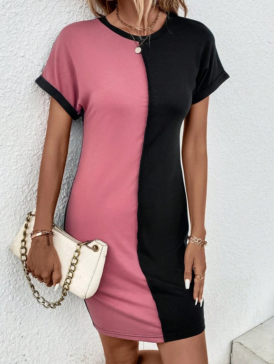 Two Tone Batwing Sleeve Tee Dress - Multicolor - View 1