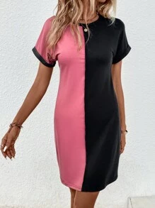 Two Tone Batwing Sleeve Tee Dress - Multicolor - View 3