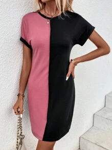 Two Tone Batwing Sleeve Tee Dress - Multicolor - View 4