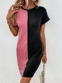 Two Tone Batwing Sleeve Tee Dress - Multicolor - View 6