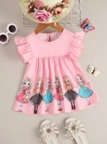 SHEIN 少女粉紅肖像休閒圓領荷葉袖襯衫，適合夏季 - 粉色 - 查看 1