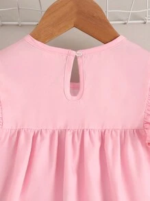 SHEIN 少女粉紅肖像休閒圓領荷葉袖襯衫，適合夏季 - 粉色 - 查看 4